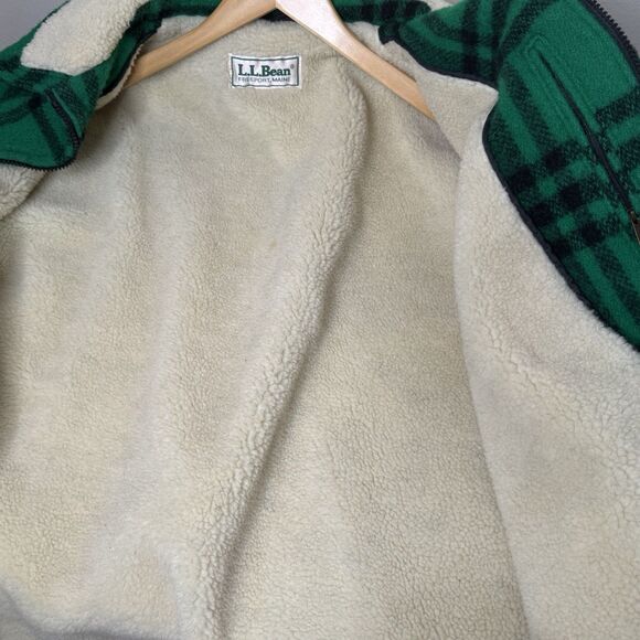 Vintage LL Bean Wool Plaid Jacket Sherpa Lined Green Zip Coat USA Made Large - Picture 6 of 10